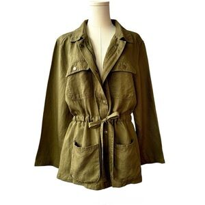 Nicole Miller New York Utility Linen Jacket Green Lightweight Drawstring Women L